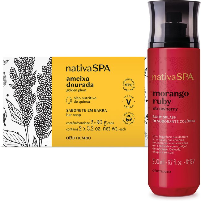 Combo Presente Nativa SPA: Body Splash Morango Ruby 200ml + Sabonete em Barra Ameixa Dourada 2x90g