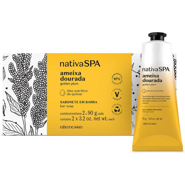 Combo Presente Nativa SPA Ameixa Dourada: Sabonete em Barra 2x90g + Gel Creme Mãos 75g