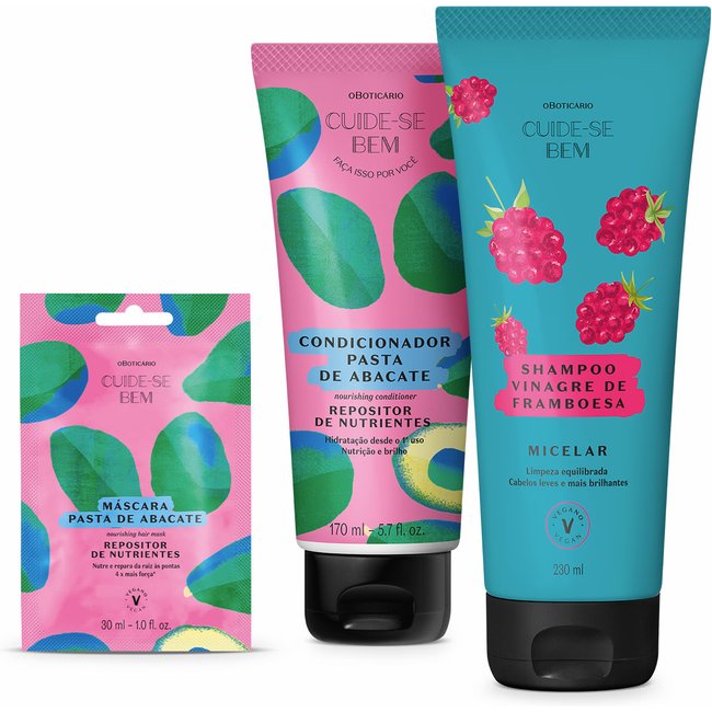 Combo Cuide-se Bem Feira Misturinha: Shampoo Vinagre de Framboesa 230ml + Condicionador Pasta de Abacate 170ml + Máscara Capilar Pasta de Abacate 30ml