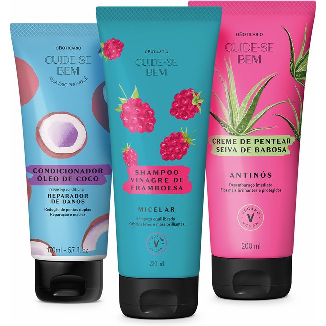 Combo Cuide-se Bem Feira Misturinha: Shampoo Vinagre de Framboesa 230ml + Condicionador Óleo de Coco 170ml + Creme de Pentear Seiva de Babosa 200ml