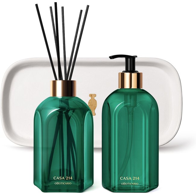 Combo Casa 214 Brisa de Cedros: Sabonete Líquido 400ml + Difusor de Ambiente com Varetas 250ml + Bandeja de Lavabo