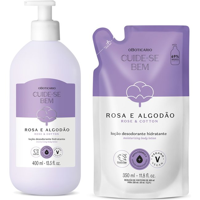 Combo Cuide-se Bem Rosa e Algodão: Loção Hidratante Corporal 400ml + Refil 350ml