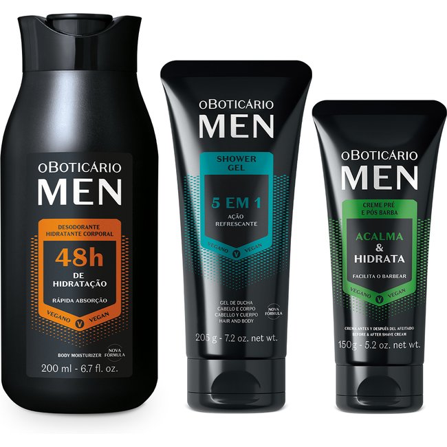Combo MEN Corpo e Banho: Shower Gel 5 em 1 205g + Creme Pré e Pós-Barba 150g + Loção Corporal 200ml
