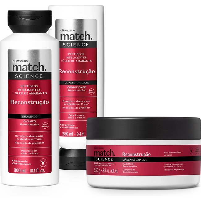 Combo Match Science Reconstrução: Shampoo 300ml + Condicionador 280ml + Máscara Capilar 250g