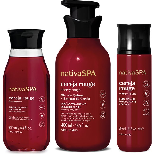 Combo Nativa Spa Cereja Rouge: Loção Corporal 400ml + Sabonete Líquido 250ml + Body Splash 200ml