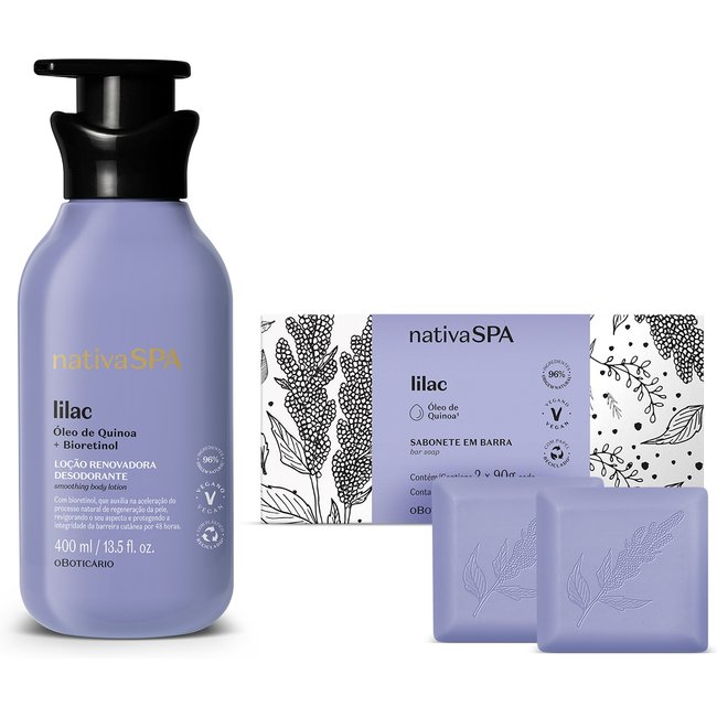 Combo Nativa Spa Lilac: Loção Corporal 400ml + Sabonetes em Barra 2x90g cada