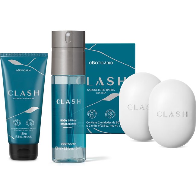 Combo Clash: Sabonete em Barra 2x80g + Creme Pré E Pós-Barba 150g + Body Spray 100ml