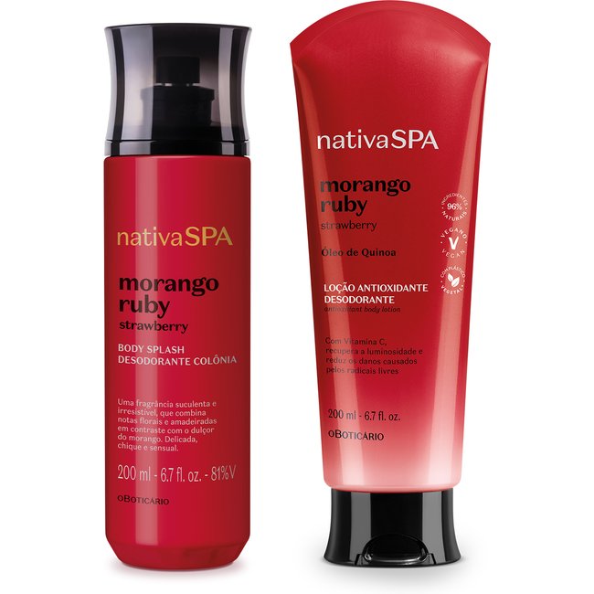 Combo Nativa SPA Morango Ruby: Body Splash 200ml + Loção Corporal 200ml