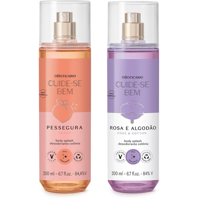 Combo Body Splash Cuide-se Bem: Pessegura 200ml + Rosa e Algodão 200ml