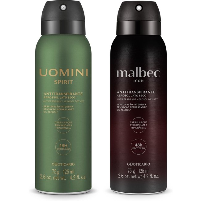 Combo Desodorantes Antitranspirante Aerossol:Malbec Icon 75g/125ml + Uomini Spirit 75g/125ml