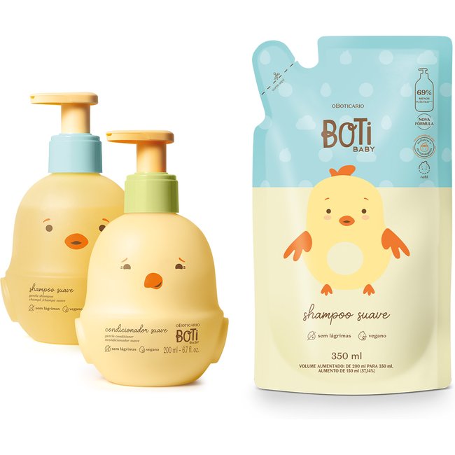 Combo Boti Baby: Shampoo Suave 200ml + Condicionador Suave 200ml + Refil Shampoo 350ml