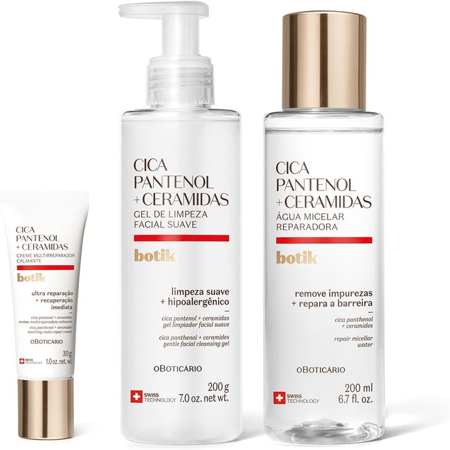 Combo Botik Cica Pantenol E Ceramidas: Gel de Limpeza Facial Suave 200g + Água Micelar Reparadora 200ml + Creme Facial Multirreparador Calmante 30g