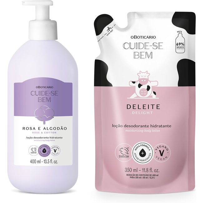 Combo Cuide-se Bem: Loção Corporal Rosa e Algodão 400ml + Refil Deleite 350ml