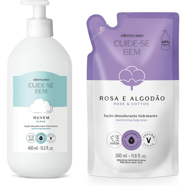 Combo Cuide-se Bem: Loção Corporal Nuvem 400ml + Refil Rosa e Algodão 350ml