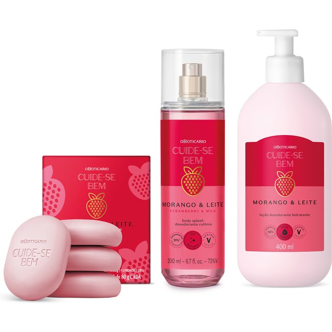 Combo Cuide-se Bem Morango e Leite: Loção Corporal 400ml + Body Splash 200ml + Sabonetes em Barra 4x80g cada