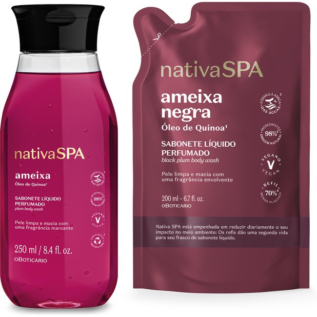 Combo Sabonete Líquido Perfumado Nativa Spa: Ameixa 250ml + Refil Ameixa Negra 200ml