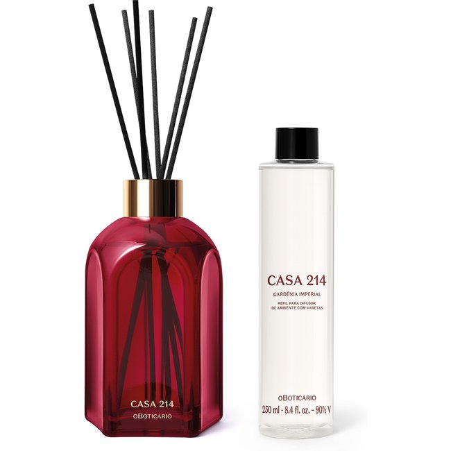 Combo Casa 214 Gardênia Imperial: Difusor de Ambiente com Varetas 250ml + Refil Sem Varetas 250ml