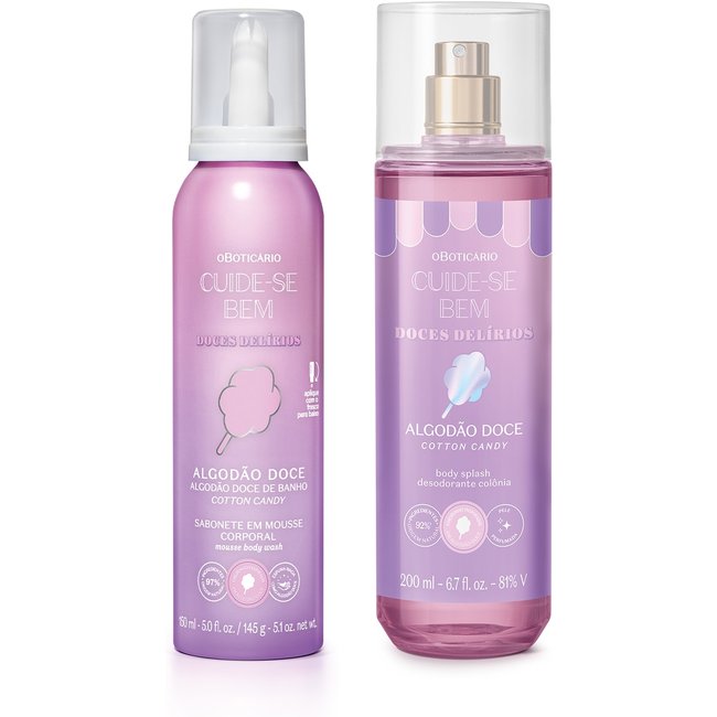 Combo Cuide-se Bem Doces Delírios Algodão Doce: Body Splash 200ml +Sabonete Em Mousse Corporal 150ml