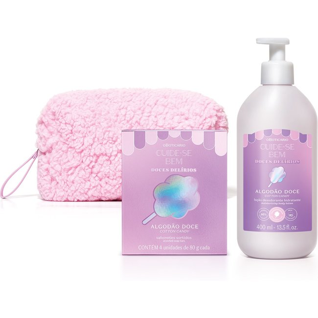 Combo Cuide-se Bem Doces Delírios Algodão Doce: Sabonetes Em Barra 4x80g + Loção Corporal 400ml + Nécessaire Rosa
