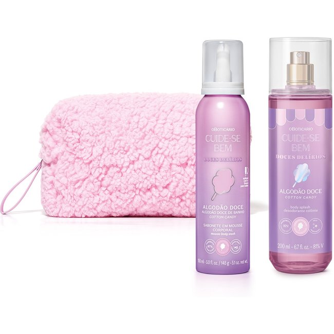 Combo Cuide-se Bem Doces Delírios Algodão Doce: Body Splash 200ml+ Sabonete Em Mousse Corporal 150ml + Nécessarie Rosa
