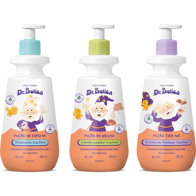 Combo Dr. Botica Cabelos Cacheados 3 ABC: Shampoo Infantil 400ml + Condicionador Infantil 400ml + Creme Para Pentear Infantil 350ml