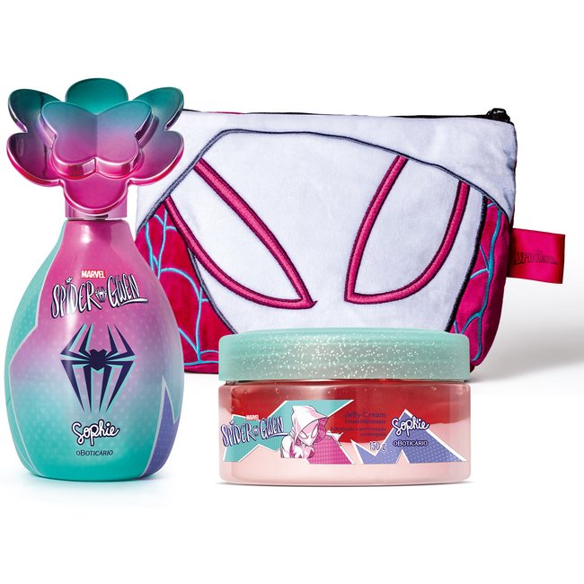 Combo Sophie Spider-Gwen: Colônia Infantil 100ml +Jelly Cream Creme Hidratante 150g+ Nécessaire Infantil