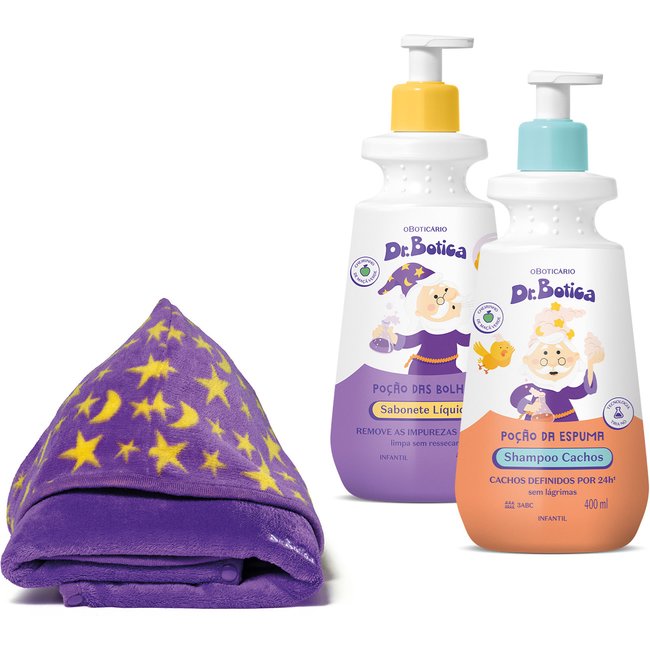 Combo Dr. Botica Hora do Banho: Shampoo Infantil Cacheados 3 ABC 400ml + Sabonete Líquido Infantil 400ml +Roupão Infantil