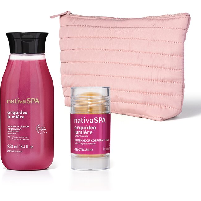 Combo Nativa SPA Orquídea Lumière: Sabonete Líquido Corporal 250ml + Iluminador Corporal Stick 30g + Nécessaire Premium