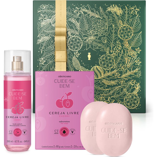 Combo Presente Cuide-se Bem Cereja Livre: Body Splash 200ml + Sabonetes Em Barra 2x80g + Caixa de Presente