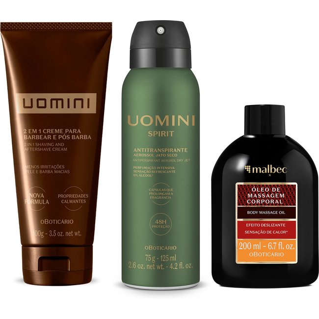 Combo Desodorante Antitranspirante 125ml + Óleo de Massagem 200ml + Creme Para Barbear e Pós Barba 2 em 1 100g