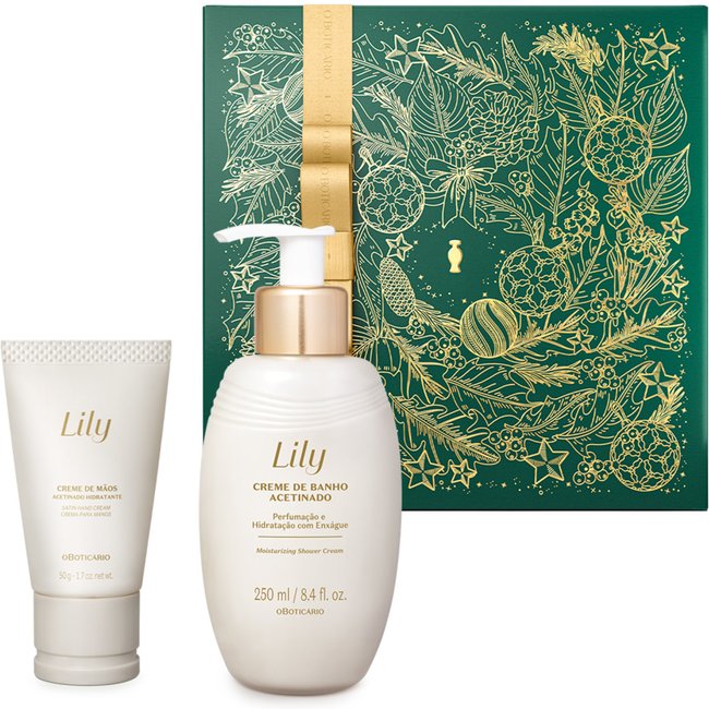 Combo Presente Natal Lily Acetinados: Creme de Banho 250ml + Creme Para Mãos 50g + Caixa De Presente