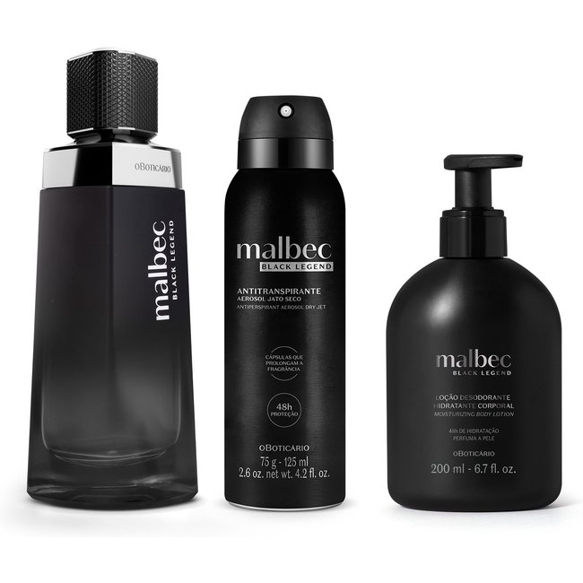 Combo Malbec Black Legend: Desodorante Colônia 100ml + Loção Corporal 200ml + Desodorante Antitranspirante 75g/ 125ml