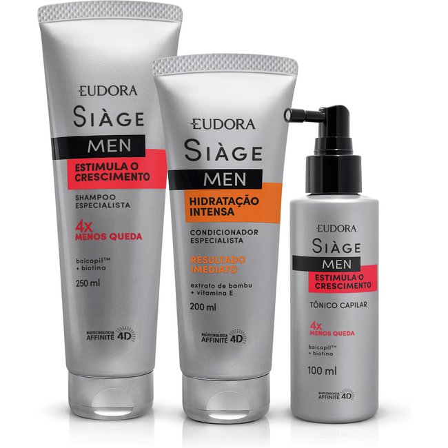 Combo Siàge Men: Shampoo Estimula o Crescimento 250ml + Condicionador Hidratação Intensa 200ml + Tônico Capilar Estimula o Crescimento 100ml