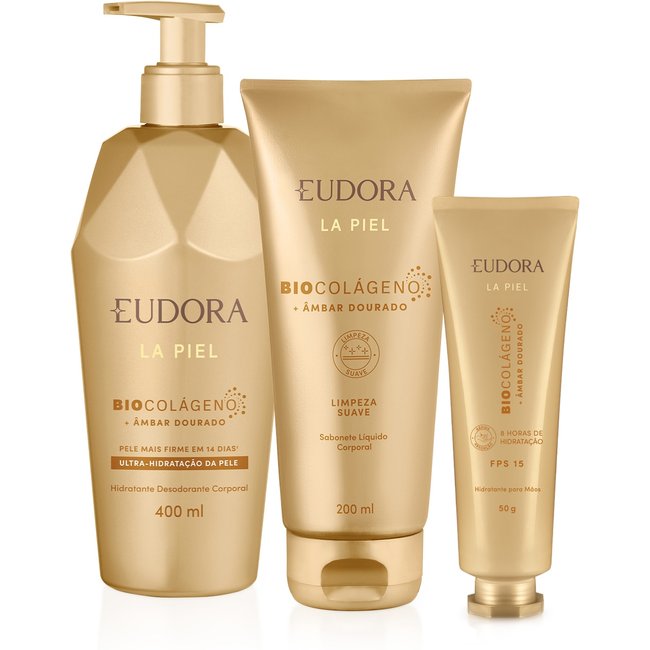 Combo La Piel Âmbar Dourado: Hidratante Corporal 400ml + Creme para Mãos 50g + Sabonete Líquido 200ml