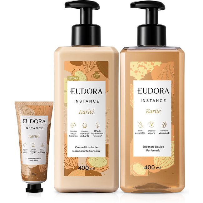 Combo Instance Karité: Loção Corporal 400ml + Sabonete Líquido 400ml + Creme de Mãos 30g