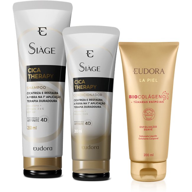 Combo Eudora: Sabonete Esfoliante La Piel Tâmaras Egípcias 200ml + Shampoo Cica-Therapy 250ml + Condicionador Cica-Therapy 200ml