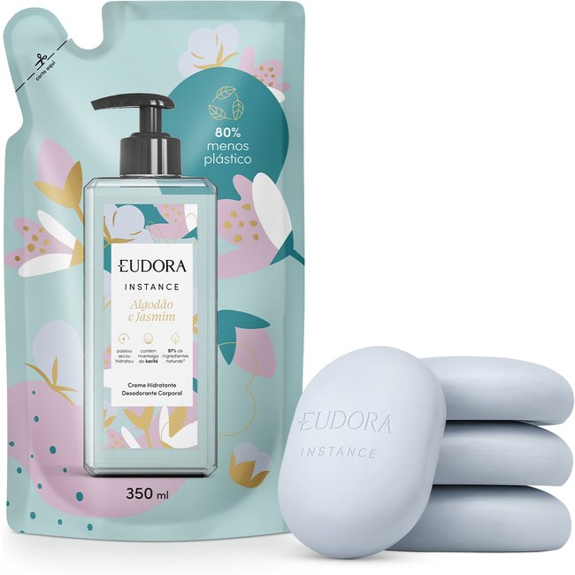 Combo Instance Algodão e Jasmim: Sabonete em Barra 4x80g + Refil Loção Corporal 350ml