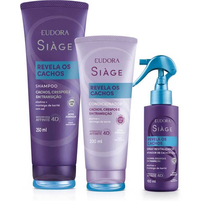 Combo Siàge Revela Os Cachos: Shampoo 250ml + Condicionador 200ml + Spray Capilar Revitalizador 100ml