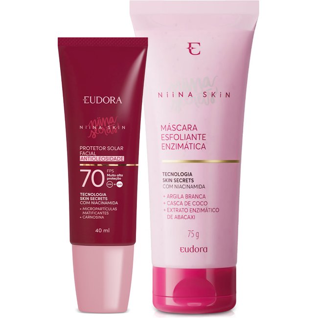Combo Niina Secrets Skin: Máscara Esfoliante Enzimática 75g + Protetor Solar Facial Antioleosidade FPS 70 40ml