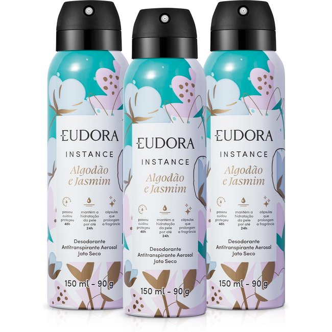 Combo Antitranspirante Aerosol Instance Algodão e Jasmim 3x150ml/90g