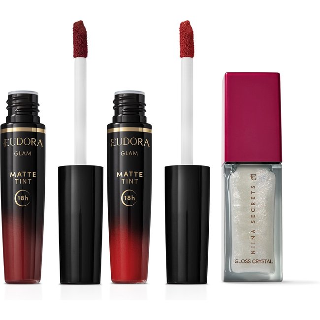 Combo Batons Cherry Cola: Bordô Intenso Glam 4g + Vermelho Radiante Glam 4g + Gloss Crystal Holográfico Moon Stone Niina Secrets 7ml