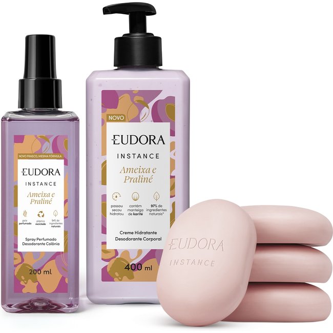 Combo Instance Ameixa e Praliné: Sabonete em Barra Perfumado 4x80g + Creme Corporal 400ml + Spray Perfumado 200ml