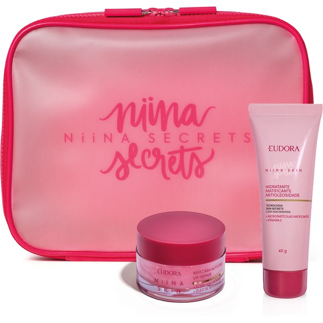 Combo Niina Secrets: Hidratante Matificante Antioleosidade 40g + Máscara Labial Noturna Lip Repair 9g + Nécessaire Pink
