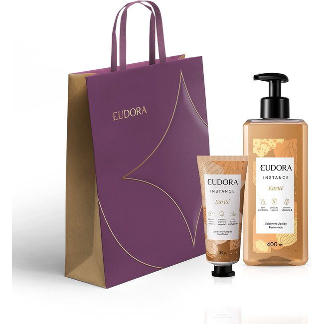 Combo Presente Instance Karité: Sabonete Líquido Perfumado 400ml + Creme Perfumado para Mãos 30g + Sacola Eudora Tamanho M