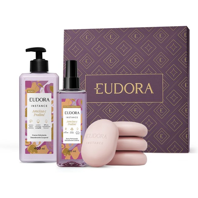Combo Presente Instance Ameixa e Praliné: Loção Corporal 400ml + Spray Perfumado 200ml + Sabonetes em Barra 4x80g + Caixa Presenteável