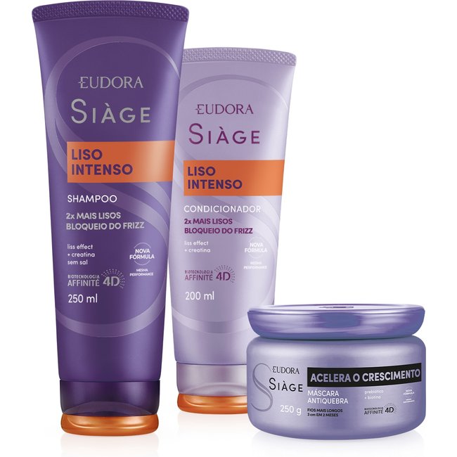 Combo Eudora Siàge: Shampoo Liso Intenso 250ml + Máscara Acelera o Crescimento 250g + Condicionador Liso Intenso 200ml
