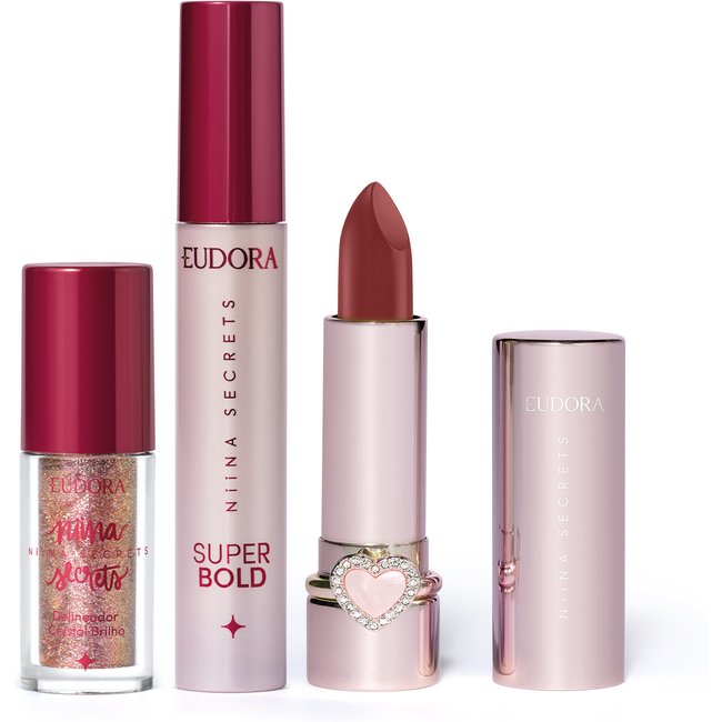 Combo Niina Secrets: Batom Cremoso Love You 3g + Delineador Crystal Brilho 3g + Máscara para Cílios Super Bold 10g