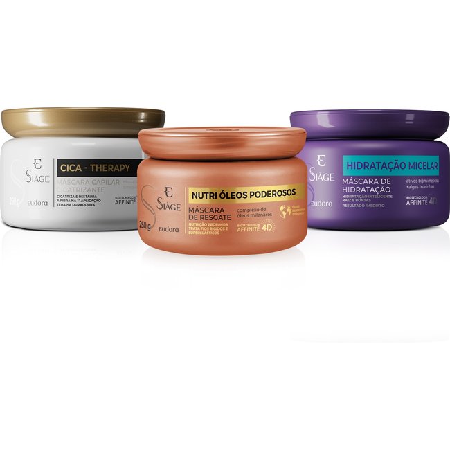 Combo Siàge Cronograma Capilar: Nutri Óleos Poderosos 250g + Cica-Therapy 250g + Hidratação Micelar 250g