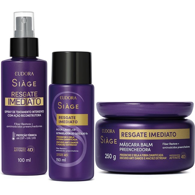 Combo Siàge Resgate Imediato Tratamento: Máscara Capilar 250g + Água Lamelar 150ml + Leave-In 100ml
