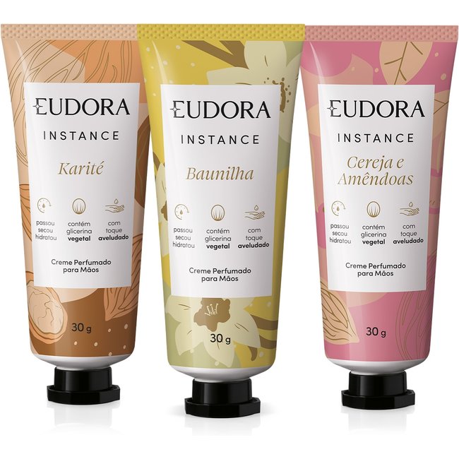 Combo Creme Para As Mãos Instance: Cereja e Amêndoas 30g + Baunilha 30ml + Karité 30g